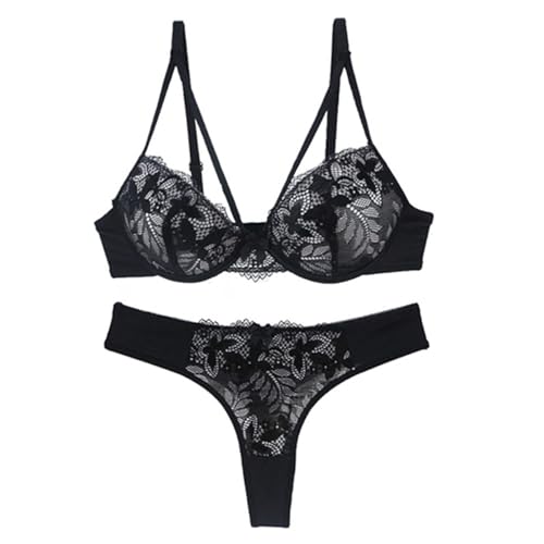 MOONBADI BH Schwarz Damen BH Unterwäsche BH und Slip Spitzen Mesh Futter Nachtwäsche Babydoll Bügell Bra Set BH Damen Push up 85B von MOONBADI