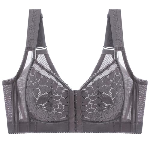 MOONBADI BH Vorderverschluss BH grau Damen Spitzen BH Ohne Bügel Abnehmbare Pads BH Atmungsaktiv und Bequem Bralette Spitze Pushup BH Damen 120F von MOONBADI