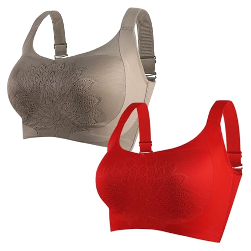 MOONBADI BH braun+rot Damen Mesh Ringerrücken ohne Bügel Große Größen Gepolstert Fitness Sport Bra Pushup BH Damen 95C von MOONBADI