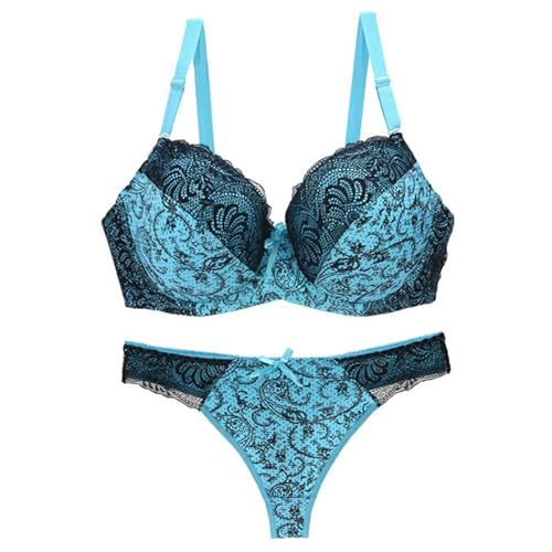MOONBADI BH rückenfrei Blau Damen Balconette BH und Slip Set Spitze Unterwäsche Bügel BH ungerpolstert Spitze Panty Lingerie BH Set Push up Bra 85D von MOONBADI