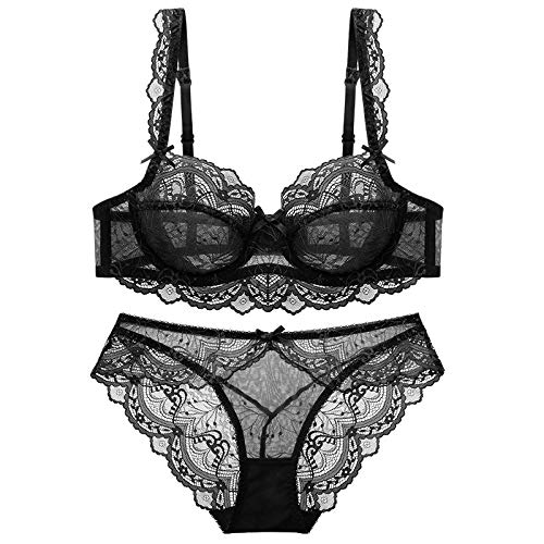 MOONBADI BH rückenfrei Schwarz Damen-Spitzen-BH mit Bügel BH und High Waist Panties Push Up BH V-Neck BH-Sets super Push up BH 95D von MOONBADI