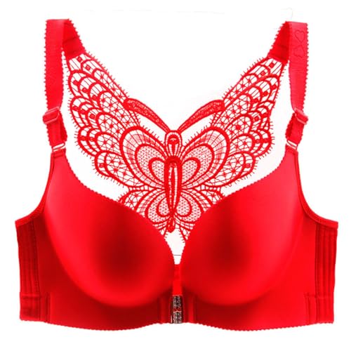 MOONBADI BH rückenfrei Vorderverschluss BH Rot Damen T-Shirt BH mit Ohne Bügel Nahtloser Große Größen Gepolstert Maximizer Push up BH 80C von MOONBADI