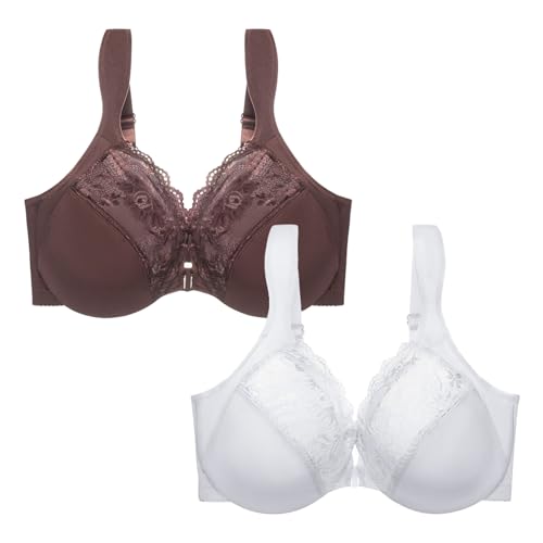 MOONBADI BH rückenfrei Vorderverschluss BH braun+weiß Damen Push Up BH mit Blumen Spitze Schalen Bügel BH Gepolstert Elegant Maximizer Push up BH 80D von MOONBADI