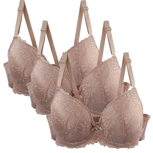 MOONBADI Damen BHS 3 Teilige Beige Damen Push Up BHS mit Blumen Spitze Schalen Bügel BH Gepolstert Elegant 110D von MOONBADI