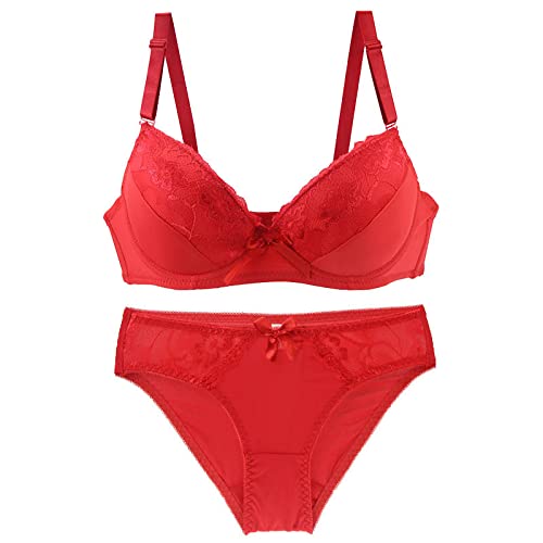 MOONBADI Damen-BHS Rot Damen BH Durchsichtig Unterwäsche Sets Spitze Blumen-Stickerei Große Größen lingeri Sets BH Und Slip unterwäsche Frauen sexy Set 75B von MOONBADI