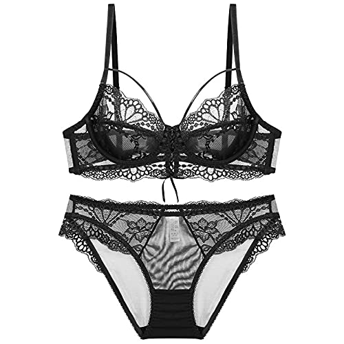 MOONBADI Damen-BHS Schwarz Damen BH Spitzen Bügel Lingerie Set BH und Höschens Set Unterwäsche Set V-Ausschnitt BH BH Push up extrem 34B von MOONBADI