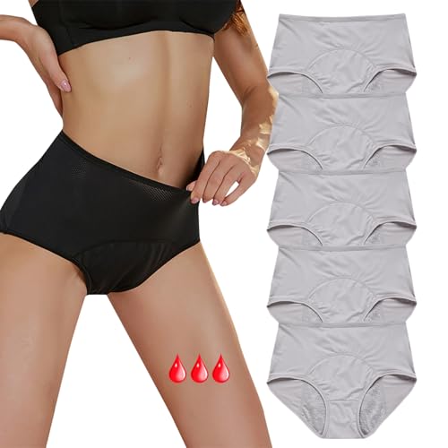 MOONBADI Damen Unterwäsche Postpartum Slips Starke Blutung Hohe Taille Unterhosen Damen Saugfähigkeit Menstruationsunterwäsche Slip Höschen Unterhose 5er Pack 4XL grau von MOONBADI