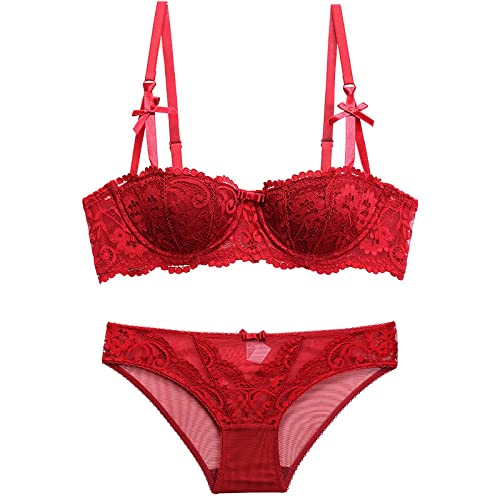 MOONBADI Dirndl BH Weinrot Damen Blumen BH Set Bügel Spitze Bralette un-Gepolstert Mesh gefüttert V-Ausschnitt Jeden Tag BHS Top BH für große Brust 70A von MOONBADI