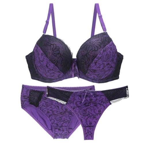 MOONBADI Dirndl Damen 3 Teilige Lila Damen mit Bügel Spitze BH Dünnn Transparenten Spitzen Balconette BH Set BH und String Damen BH Push up 80B von MOONBADI
