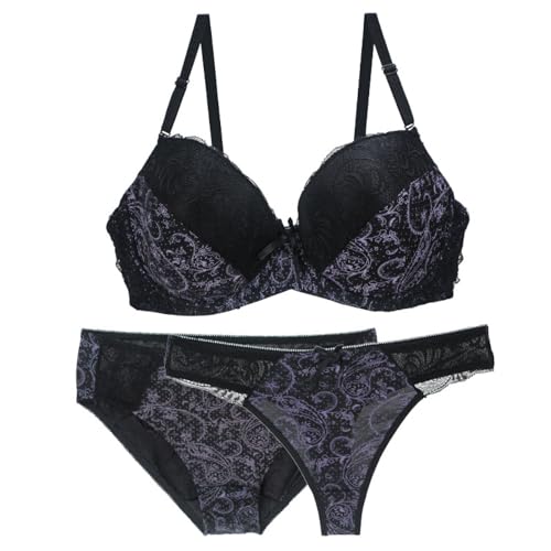 MOONBADI Dirndl Damen 3 Teilige Schwarz Damen BH mit Bügel Lingerie Spitze Unterwäsche Set BH Slip Große Größen Lingerie Damen Maximizer Push up BH 95B von MOONBADI