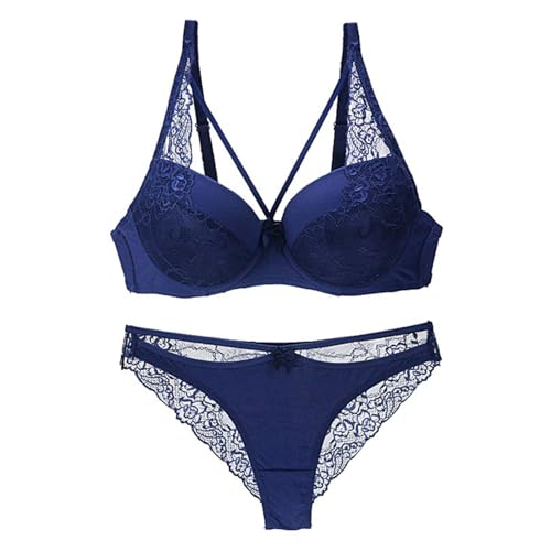 MOONBADI Dirndl Damen Blau Damen BH Set Spitzen Lingerie Bügel Halfter Unterwäsche Set Damen v-Ausschnitt BH BH Push up extrem 75D von MOONBADI