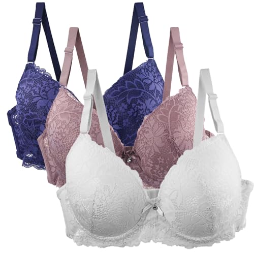 MOONBADI Push up BH 3 Teilige blau+rosa+weiß Damen Push Up BHS mit Blumen Spitze Schalen Bügel BH Gepolstert Elegant Maximizer 110E von MOONBADI