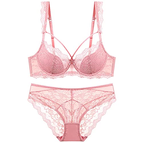 MOONBADI Push up BH Rosa Damen Spitze Bügel BH Bustier Gepolstert V-Ausschnitt BHS Top Elegant Unterwäsche Set BHS Frauen 95D von MOONBADI