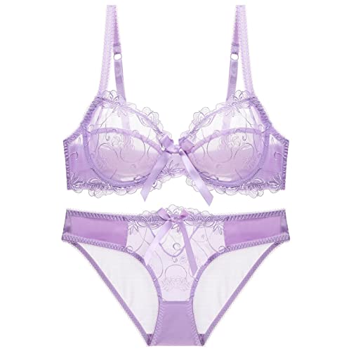 MOONBADI rückenfreier BH Lila Damen Spitzen BH Set Push up Bügel BH Lace Lingerie Bra und Slip Set Damen BH Push up 90C von MOONBADI