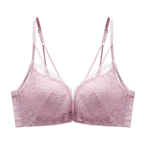 MOONBADI rückenfreier BH Vorderverschluss BH Rosa Damen Dirndl BH Push Up Balconette Spitzen BHS Durchsichtig Große Größen Ohne Bügel BHS Frauen 75A von MOONBADI