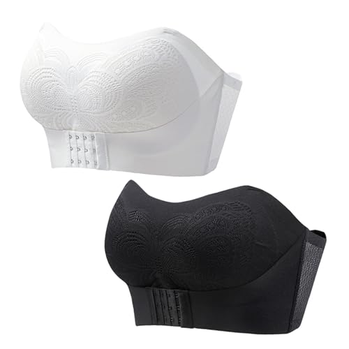 MOONBADI rückenfreier BH Vorderverschluss BH weiß+schwarz Damen Push Up BH Ohne Bügel Soft Gepolstert Bustier mit Spitze Lingerie super Push up BH 95E von MOONBADI