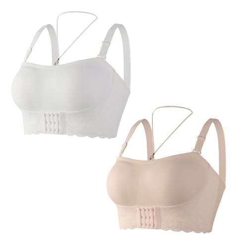 MOONBADI rückenfreier BH Vorderverschluss Bügelloser Weiß+Hellgelb Bandeau Tub Top Bra Vollschalen Große Brüste Starker Halt Push up BH extrem 110D von MOONBADI