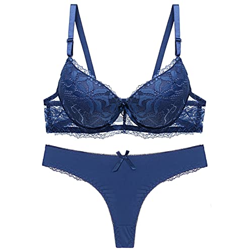 MOONBADI sexy Outfit für Damen Blau Damen BH Set Bügel Spitze BH und Slip Lingerie Unterwäsche Negligee Spitze BH und G String BH Damen Push up 85A von MOONBADI