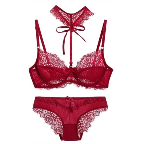 MOONBADI sexy Outfit für Damen Rot Damen BH Set Spitze Push Up Bügel BH Unterwäsche Lingerie Tanga BH Sets Tshirt BH 90C von MOONBADI