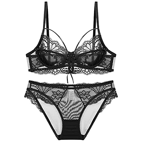 MOONBADI unterwäsche Frauen sexy Set Schwarz Damen BH Set Spitze Push Up Bügel BH Unterwäsche Lingerie Tanga BH Sets dursichtige unterwäsche 38B von MOONBADI