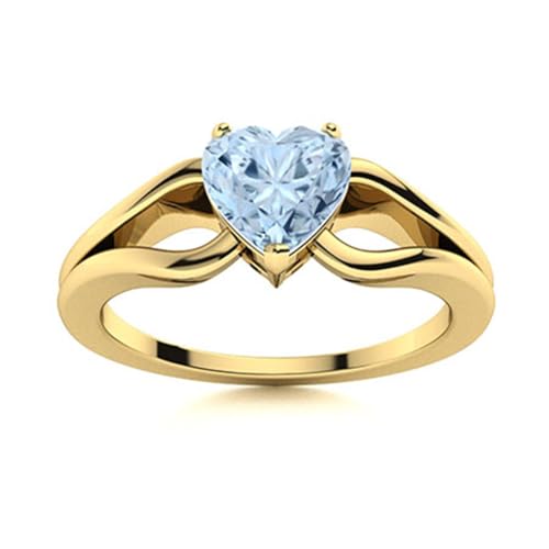 0,75 ctw herzförmiger Aquamarin 925 Sterling Silber Solitär-Ring mit geteiltem Schaft für Damen Gold Vermeil, 52 von MOONEYE