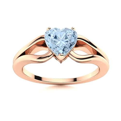 0,75 ctw herzförmiger Aquamarin 925 Sterling Silber Solitär-Ring mit geteiltem Schaft für Damen Roségold Vermeil, 55 von MOONEYE