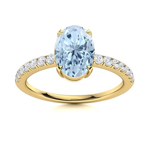 1,28 Karat ovale Form Aquamarin-Edelstein 925er Sterling Silber Solitaire mit Seitliche Akzente Damenring Gold Vermeil, 60 von MOONEYE