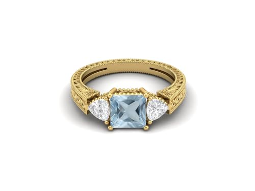 2,48 ct Prinzessinnenschliff Aquamarin Edelstein 925 Sterling Silber Drei Steine Frauen Ehering Gold Vermeil, 52 von MOONEYE