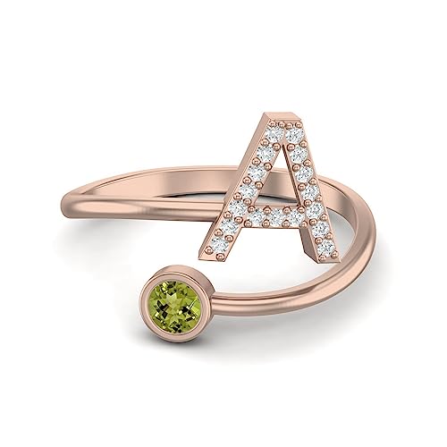 Großbuchstaben A Anfangsbrief 3mm runde Form Peridot-Frauen Verstellbare Vorderseite offen Ring 925 Sterling Silber Roségold Vermeil, 57 von MOONEYE