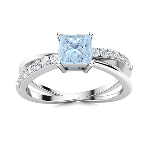 MOONEYE 1,03 Karat quadratische Form Aquamarin Edelstein 925 Sterling Silber Solitaire kreuz und quer Frauen Ehering Sterlingsilber, 64 von MOONEYE