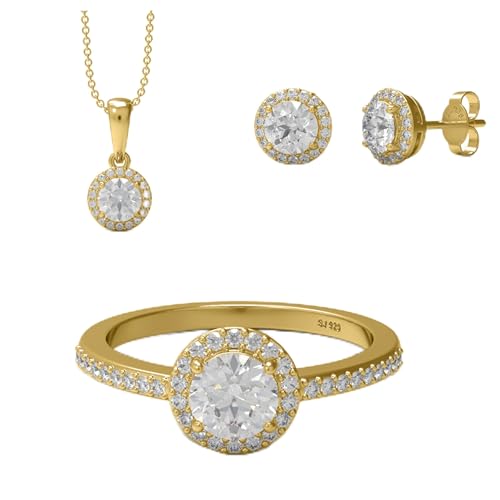 MOONEYE 2,7 ct Rundschliff-Moissanit-Diamant, 925er-Sterlingsilber, Solitär-Halo-Damen-Ring-Anhänger-Ohrring-Set (E-F-Farbe, VS-Klarheit) Gold Vermeil, 50 von MOONEYE