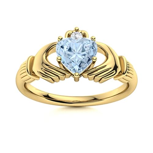 MOONEYE Irischer Claddagh-Ring, 5 mm, Herzform, Aquamarin-Solitär-Damen-Ehering, 925er Sterlingsilber Gold Vermeil, 56 von MOONEYE