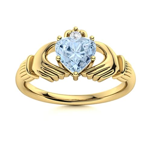 MOONEYE Irischer Claddagh-Ring, 5 mm, Herzform, Aquamarin-Solitär-Damen-Ehering, 925er Sterlingsilber Gold Vermeil, 58 von MOONEYE