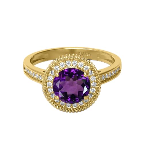 MOONEYE Rundschliff-Amethyst-Edelstein, 925er-Sterlingsilber, weiße Zirkon-Akzente, Damen-Verlobungs-Solitärring – 1,80 ctw Edelstein Gold Vermeil, 61 von MOONEYE