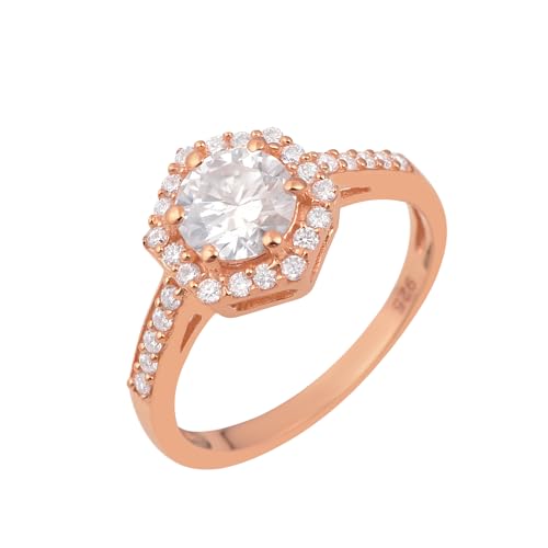 MOONEYE Sechseckiger Ring, 1,10 Ctw, runder Moissanit-Diamant, 925er-Sterlingsilber, Solitär-Halo-Damen-Ehering Roségold Vermeil, 53 von MOONEYE