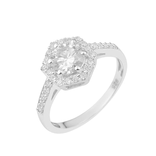 MOONEYE Sechseckiger Ring, 1,10 Ctw, runder Moissanit-Diamant, 925er-Sterlingsilber, Solitär-Halo-Damen-Ehering Sterlingsilber, 50 von MOONEYE