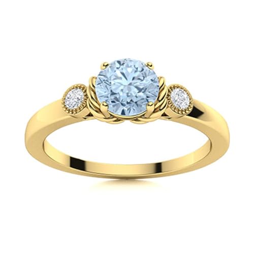 Trilogie-Ring! 0,56 ctw runder blauer Aquamarin 925 Sterling Silber Drei-Stein-Jubiläumsring für Damen Gold Vermeil, 54 von MOONEYE