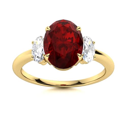 Trilogie-Ring! 7X5 MM ovaler Granat 925 Sterling Silber Drei-Stein-Jubiläumsring für Damen Gold Vermeil, 51 von MOONEYE