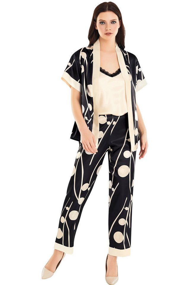 Capri-Pyjama 3-teiliges Satin-Pyjama-Set für Damen – Creme & Schwarz, elegant von MOONGIRL