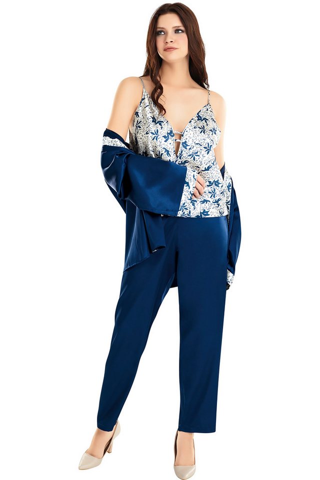 Capri-Pyjama Damen-Satin-Pyjama-Set, 3-tlg: Top, Hose, dunkelblauer Kimono von MOONGIRL