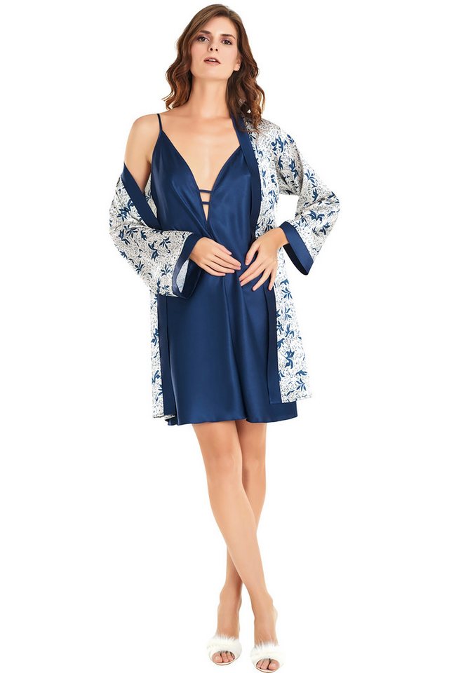 Nachthemd 2-teiliges Damen Satin Nachthemd Set mit Kimono, Dunkelblau, Elegant (2er-Pack) 2-teiliges Set: Nachthemd + Kimono von MOONGIRL