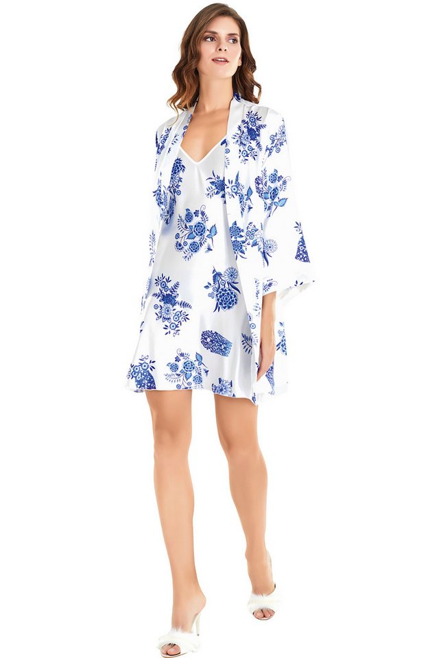Nachthemd 2-teiliges Satin Nachthemd Set mit Kimono – Weiß mit Blumenmuster von MOONGIRL