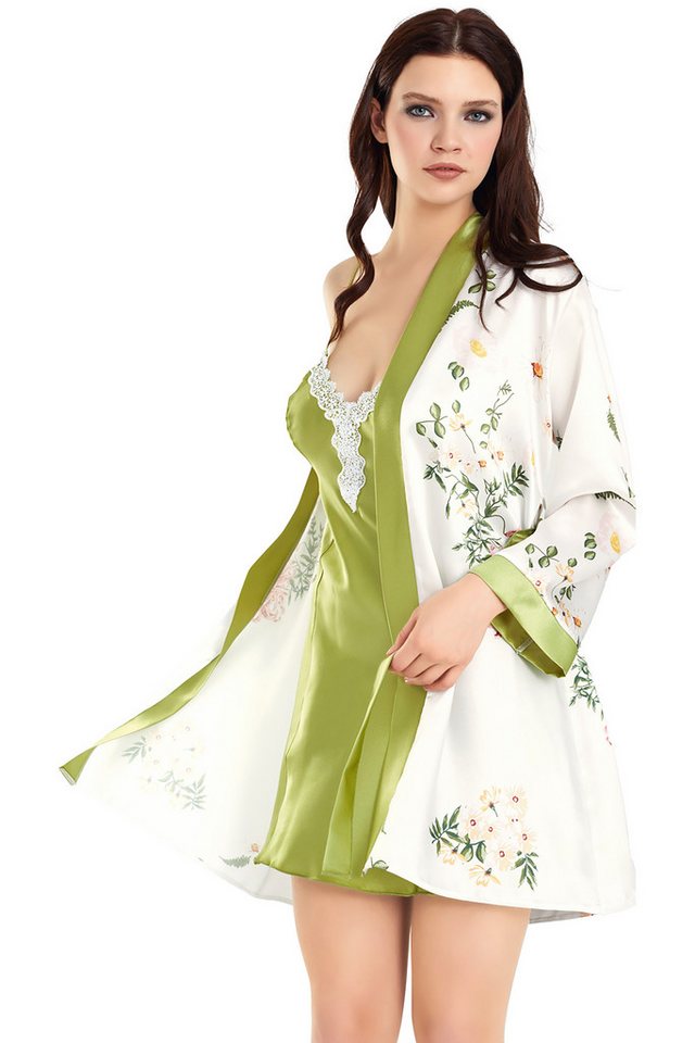 Nachthemd 2-teiliges Satin Nachthemd Set mit Kimono in Grün & Blumenprint 2-teiliges Set aus Nachthemd und Kimono von MOONGIRL