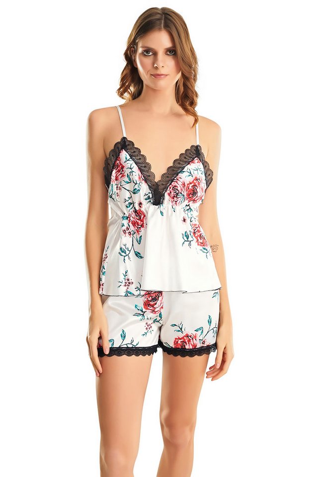 Pyjama 2-teiliges Damen Satin Pyjama Set mit Blumenmuster – Weiß von MOONGIRL