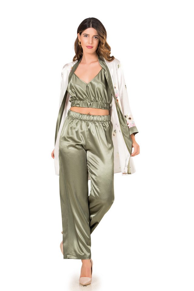 Pyjama Satin Damen Pyjama 3-teilig – Top, Hose & Morgenmantel von MOONGIRL