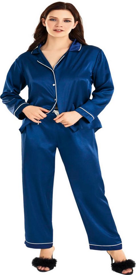 Pyjamahose Damen 2-teiliges Satin-Pyjama-Set mit Zierborte von MOONGIRL