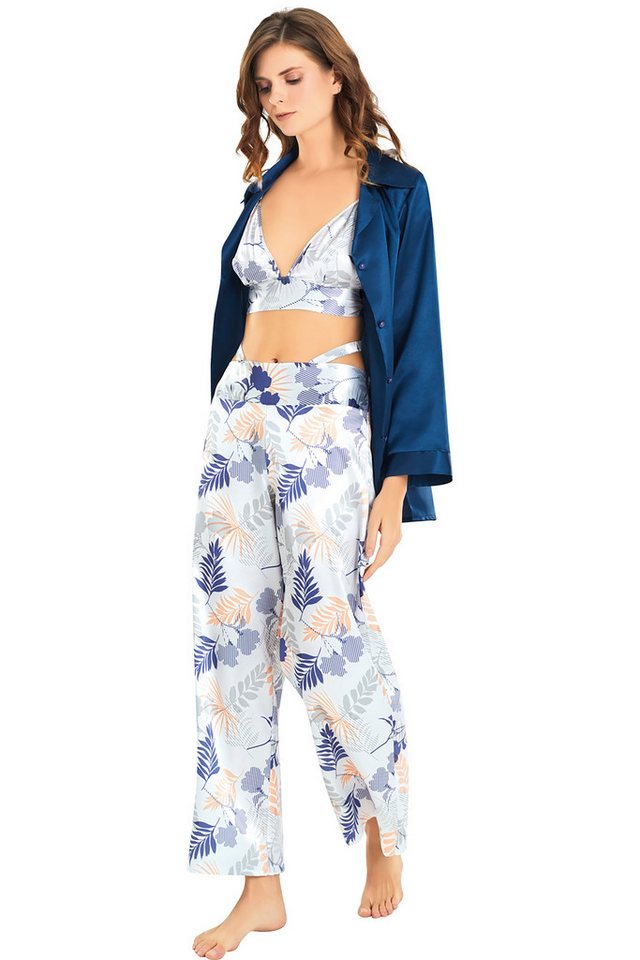Pyjamahose Damen Satin Pyjama Set 3-teilig – Hose, Top & Bluse in Blau (Set) von MOONGIRL
