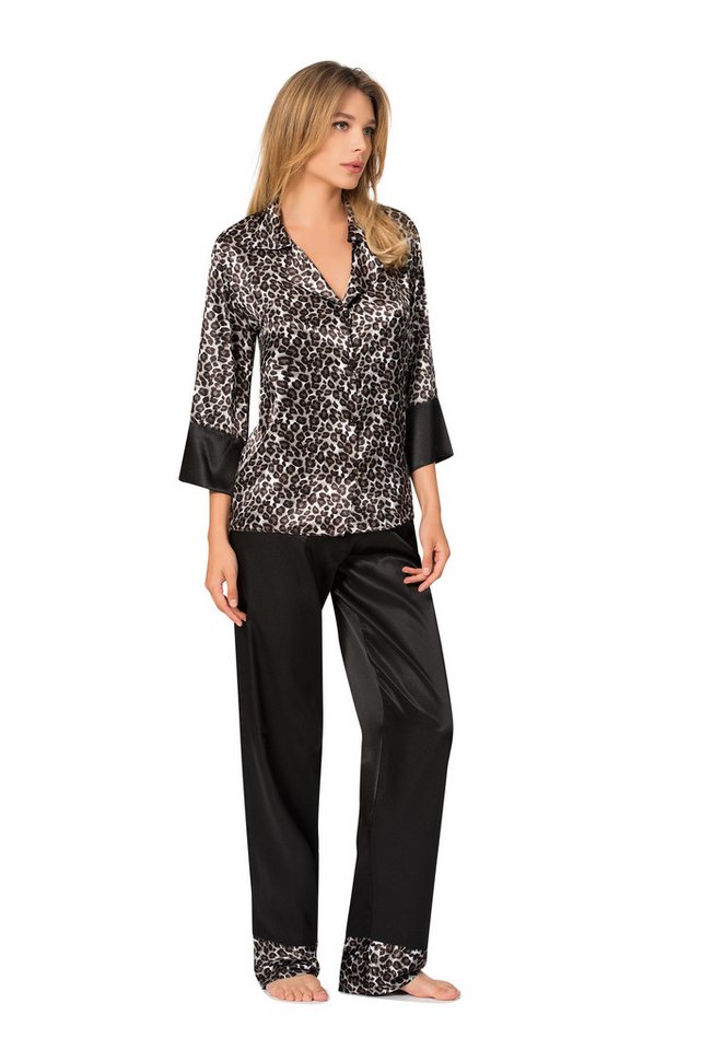 Schlafanzug Damen Satin Pyjama 2-teilig – Langarm Set mit Leopardenmuster Edles Leopardenmuster, Weicher, glänzender Satinstoff von MOONGIRL