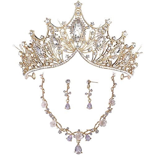 3-teiliges Hochzeitsschmuck Braut Set, Diadem Prinzessin Erwachsene Kristall Goldkette mit Ohrringen Set für Damen von MOONIGHT