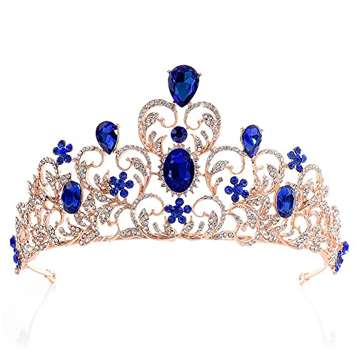 Prinzessin Krone Erwachsene Königsblau, Geburtstagskrone Kopfschmuck Festival Damen, Hochzeitskrone Braut Haarschmuck Gold von MOONIGHT